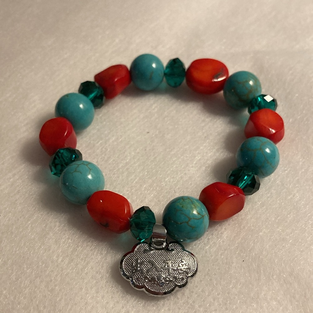 NWOT - Stretch Turquoise Red Ball Bead Bracelet & Oriental Silvertone Charm